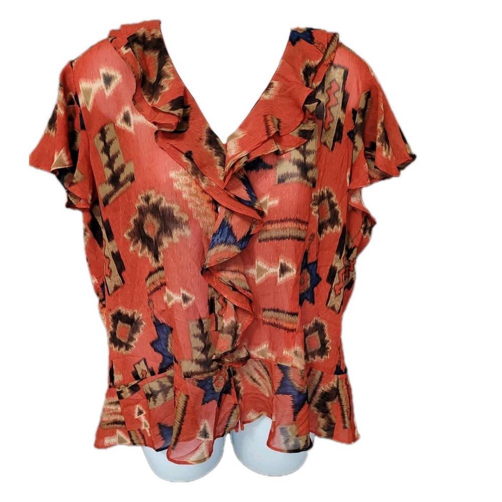 Chaps Top Southwest Ruffle Front Flutter Sleeve Career Casual Womens XL